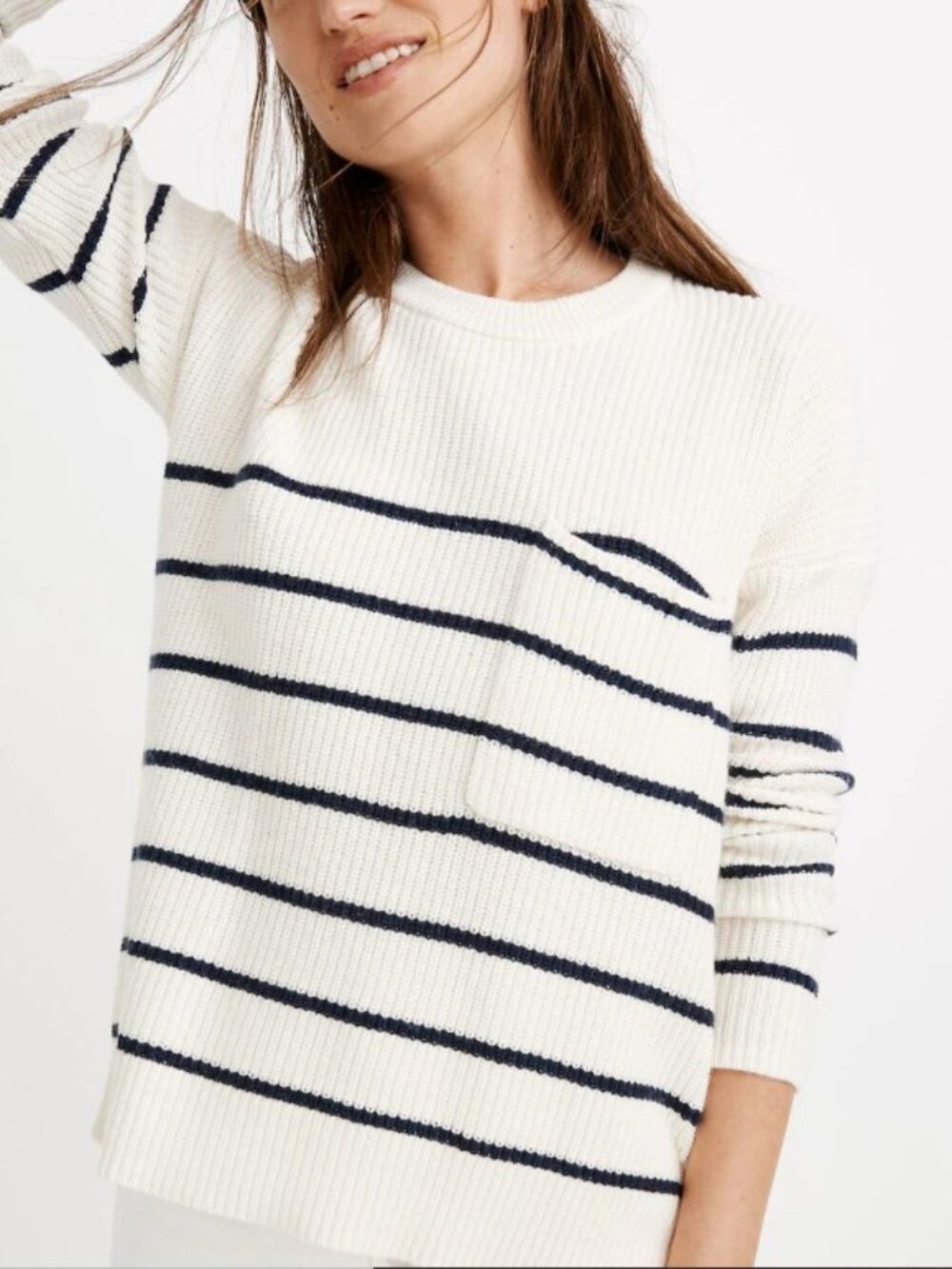 Madewell Thompson Pocket Pullover Sweater Nautical Stripe Navy Cream Boxy Fall S